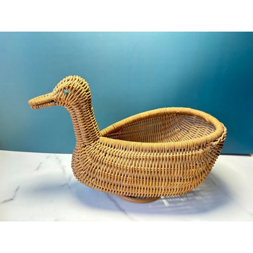Vintage Wicker Duck Basket Handwoven Rattan Mallard Figurine Decor Catchall
